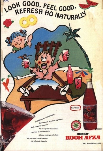 Print campaign of Rooh Afza in the 1980s. (Image source: Hamdard Laboratories India)