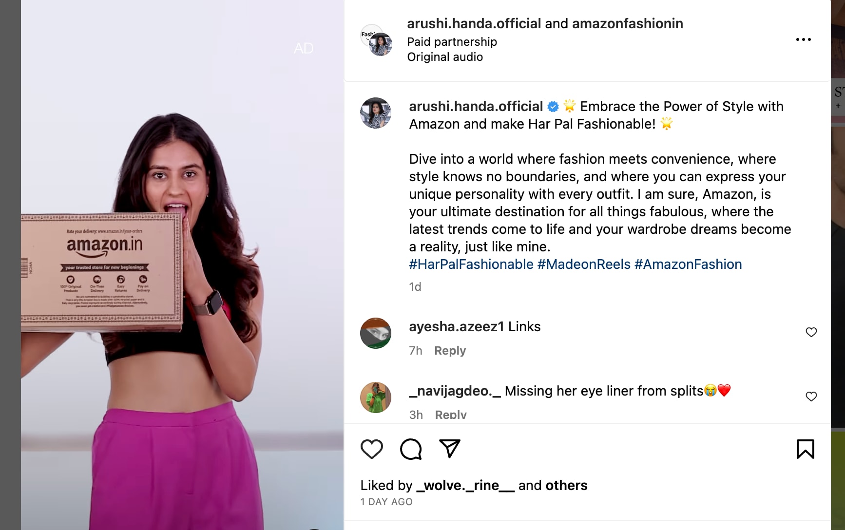  A screenshot of paid influencer collaborations with Amazon Fashion on Instagram. 