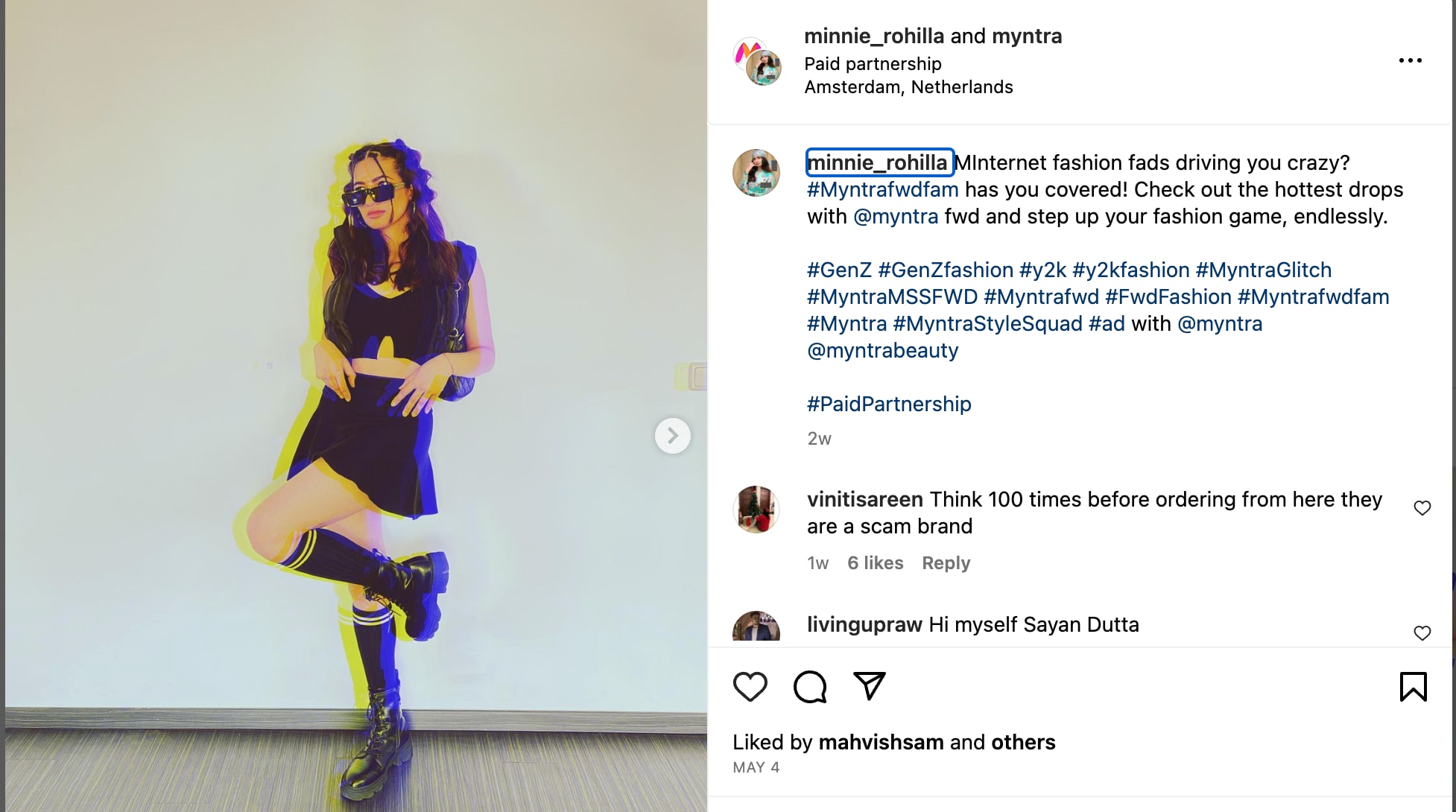 A screenshot of a paid partnership between an influencer and Myntra to promote FWD. 