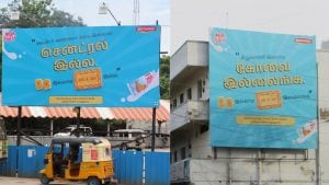 Milk Bikis showed gratitude to the state of Tamil Nadu while highlighting the sub-cultures within neighbourhoods. Inspired by type-led Tamil movie posters of the eighties and nineties, each billboard is customised to their location, with over 45 distinct copy variations across. (Image source: Samyu Murali via LinkedIn)   