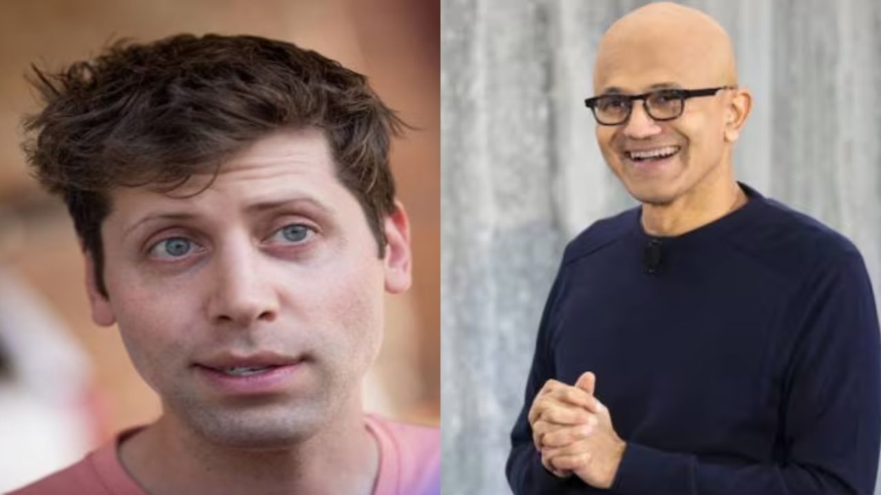 Microsoft CEO Satya Nadella (right) announced both Sam Altman (left) and Greg Brockman will be joining Microsoft’s new advanced AI research team. (Image source: Moneycontrol)