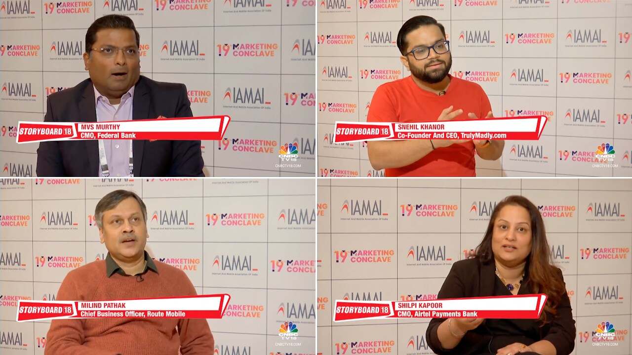 In collage - MVS Murthy, CMO at Federal Bank, Snehal Khanoor, co-founder and CEO at TrulyMadly.com, Milind Pathak, chief business officer at Route Mobile and Shilpi Kapoor, CMO at Airtel Payments Bank.