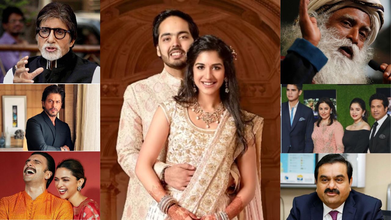 The couple’s pre-wedding festivities will take place at the Reliance complex in Jamnagar, Gujarat. The events are scheduled to take place between March 1 and 3, 2024. (From left to right - top to bottom: Amitabh Bachchan, Shah Rukh Khan, Deepika Padukone and Ranveer Singh, Sadhguru, Sachin Tendulkar and family, and Gautam Adani. (Image source: News18))