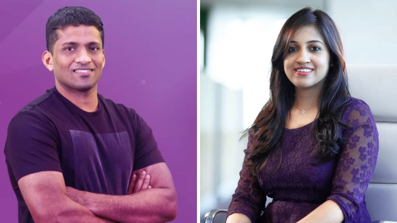 The control of the company will now be back with Byju Raveendran as the NCLAT suspended the order of National Company Law Tribunal (NCLT) that admitted the company to insolvency resolution process. (Image source: CNBC-TV18 and News18. From left to right: Byju Raveendran and Divya Gokulnath))