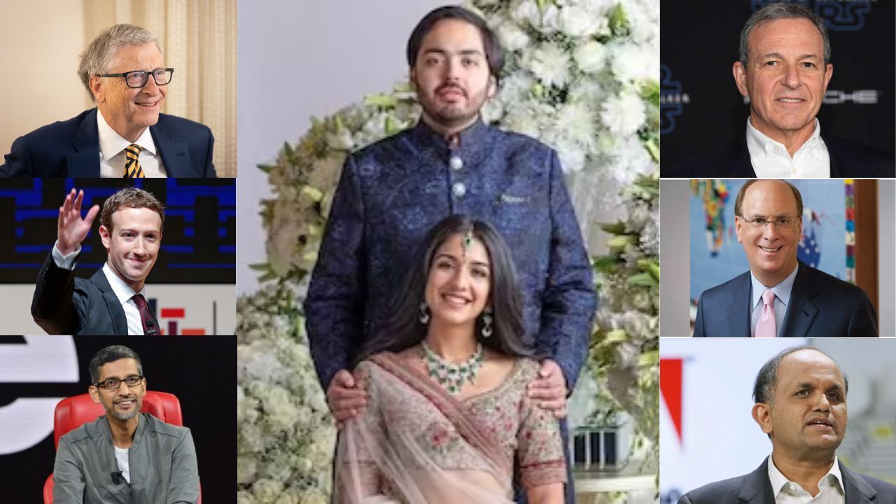 Anant Ambani, the youngest son of Reliance chairman Mukesh Ambani, will marry Radhika Merchant, daughter of industrialist Viren Merchant, in what is expected to be one of India's grandest weddings on July 12 in Mumbai. (From left to right: Bill Gates, Mark Zuckerberg, Sundar Pichai, Bob Iger, Larry Fink and Shantanu Narayen. (Image source: News18 and CNBC-TV18))