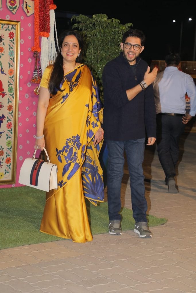 Member of the Mahrashtra Assembly Aditya Thackeray arrives with his mother Rashmi Thackeray in Jamnagar.