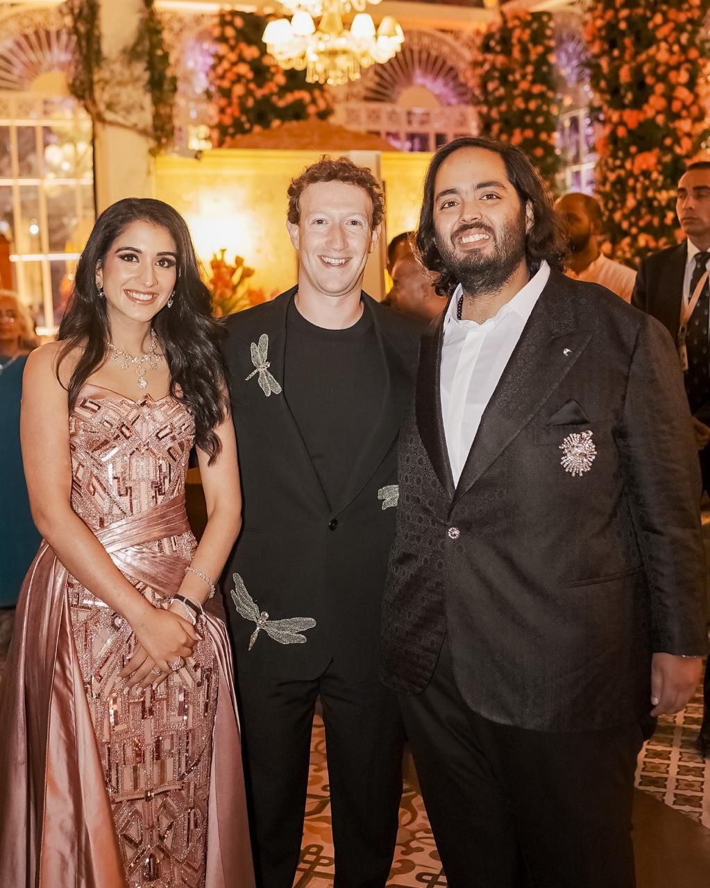 Radhika Merchant and Anant Ambani are seen with Mark Zuckerberg.