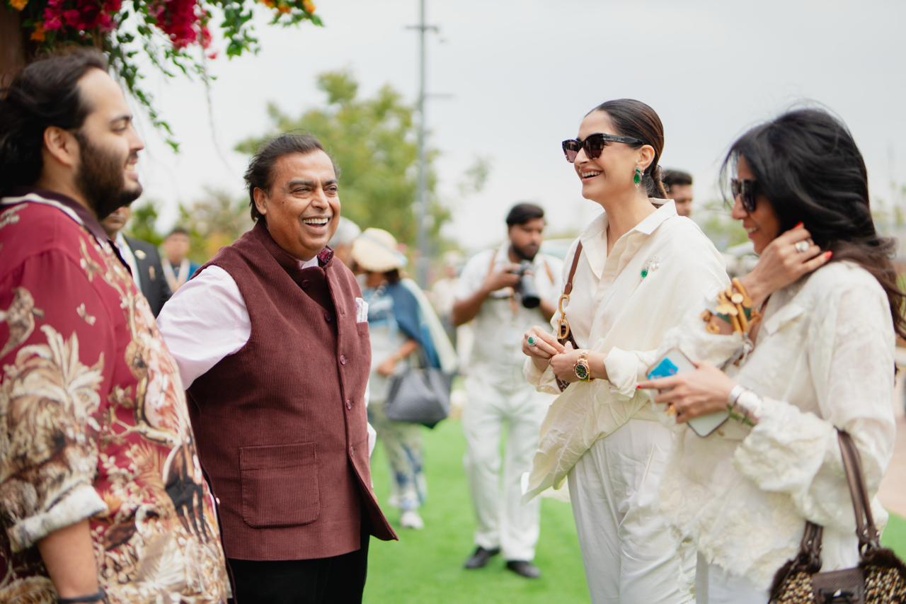 Mukesh Ambani and Anant Ambani seen with Sonam Kapoor.