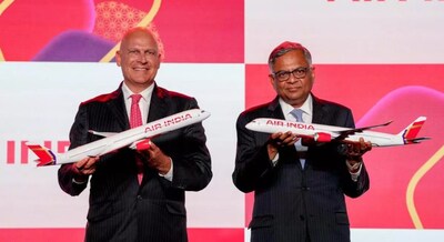 Air India’s Chief Executive Officer Campbell Wilson and Natarajan Chandrasekaran, Chairman of the board of Tata Sons, at the unveiling of Air India's new look and logo at an event in 2023. 