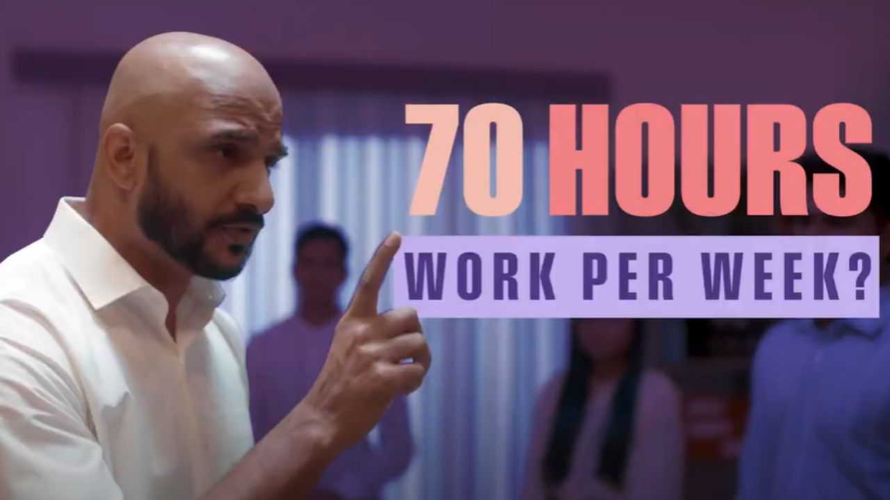 The protagonist in the video talks about how it is important to get adequate sleep in order to thrive and urges his employees to get 70 hours of sleep every week, in a satirical manner.