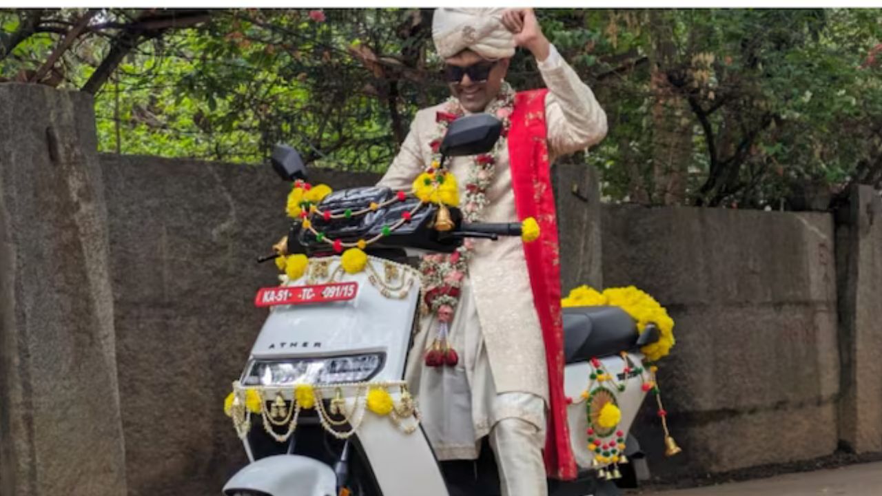 A Bengaluru groom caught attention of many for arriving at his wedding after coming to the location on an Ather Rizta electric bike.