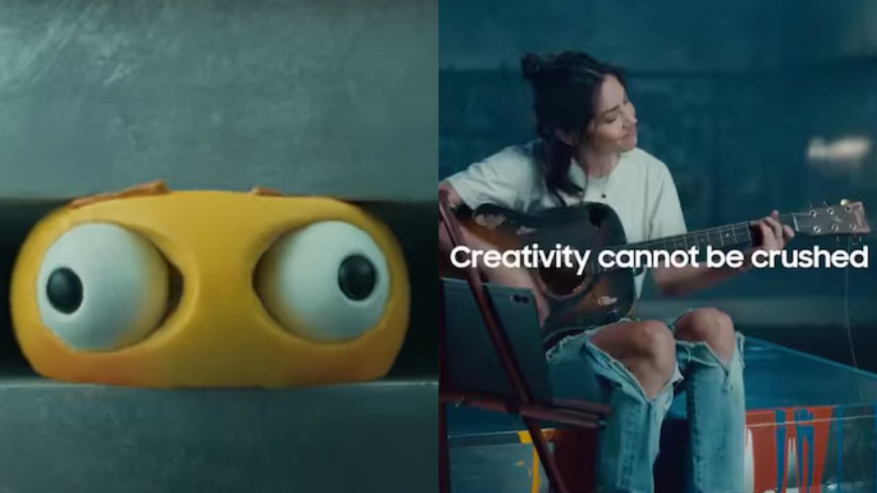 The Apple ad drew a lot of attention as it showed various creative tools being crushed by a hydraulic press. (left) In the 43-second ad. Samsung’s message is “Creativity cannot be crushed”. (right)