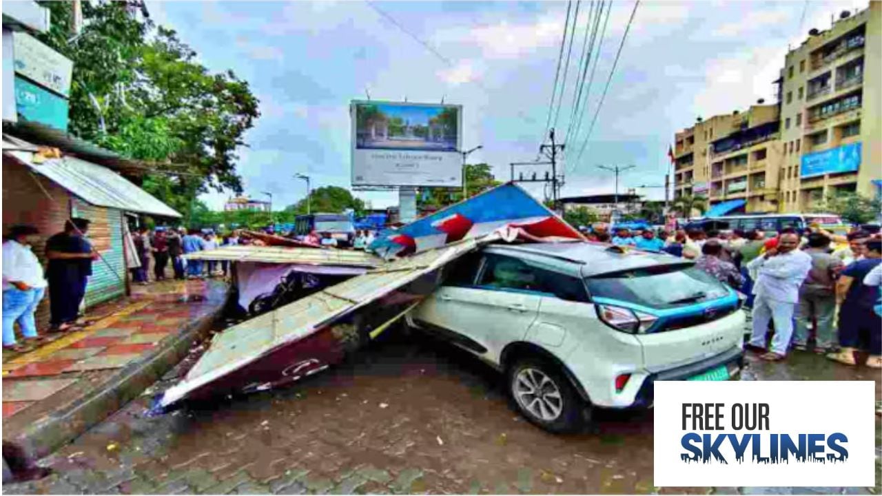 On August 2, the frame of a 40x40 ft billboard collapsed at Sahajanand Chowk in Kalyan West, causing minor injuries to bystanders and damaging several vehicles.