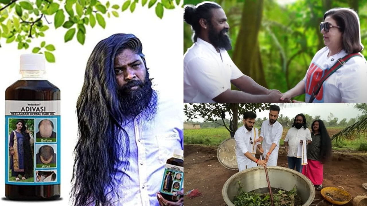 Sandeep Raj, who is the owner of the Adivasi hair oil, along with his wife Sudha, prepare the oil with 108 herbal ingredients. Raj is a part of the Hakki Pikki tribal community, one of the major tribal communities in Karnataka which are predominantly bird catchers and hunters. (Image source: Official website and stills from the videos)