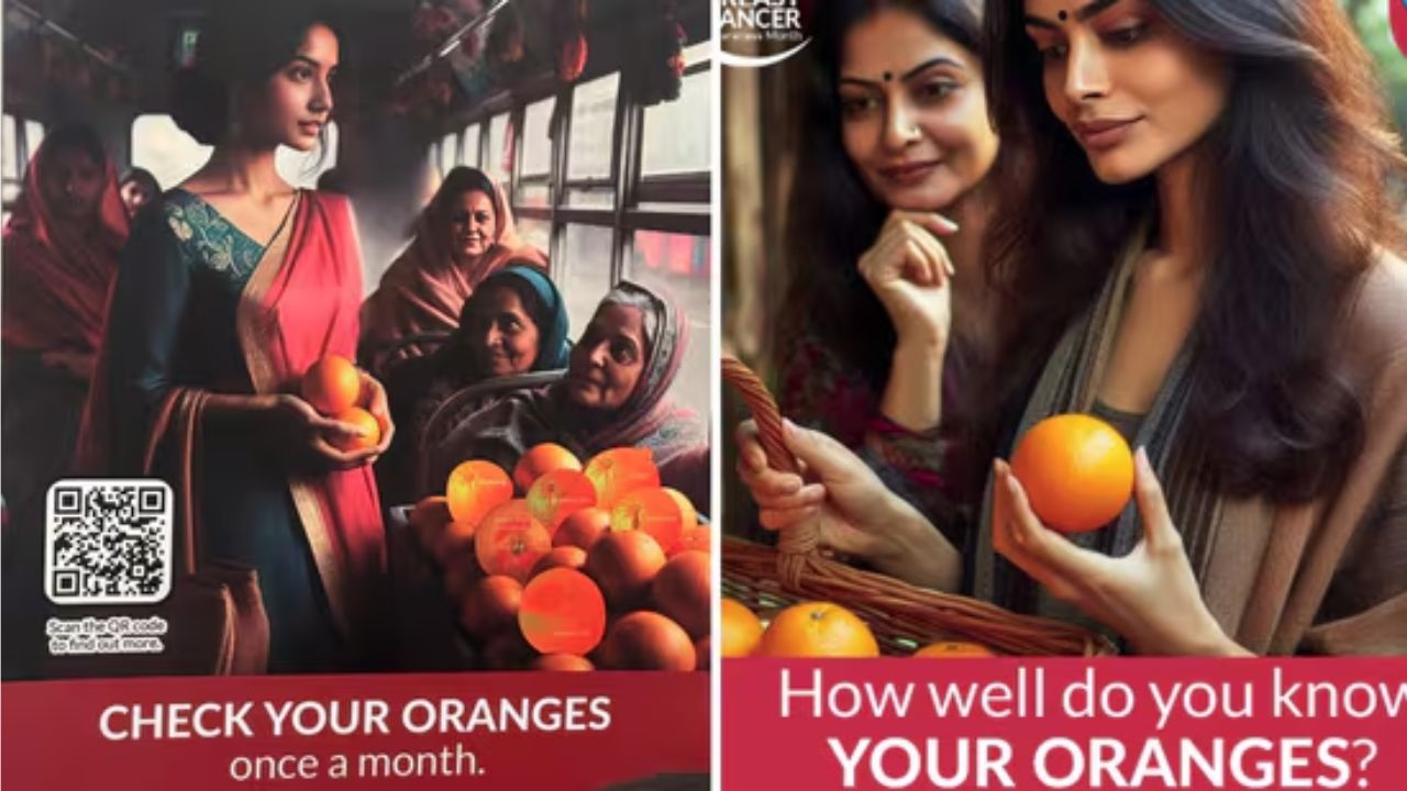 The poster, part of Breast Cancer Awareness Month, features AI-generated women holding oranges with the caption urging women to "check your oranges once a month" for early detection of lumps.