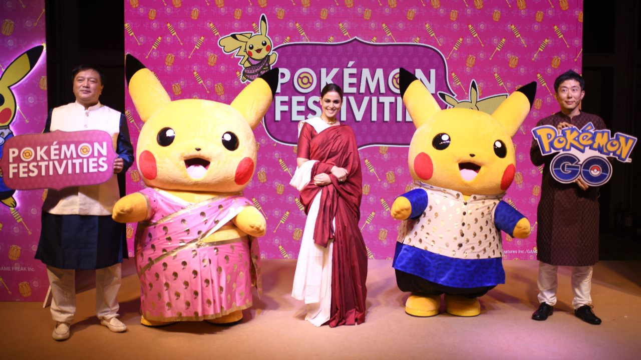 Susumu Fukunaga, Corporate Officer at The Pokémon Company; Pikachu wearing a saree; Genelia Deshmukh; Pikachu wearing a kurta; Yuki Kawamura, Senior Director, Strategic Partnerships and Special Projects at Niantic