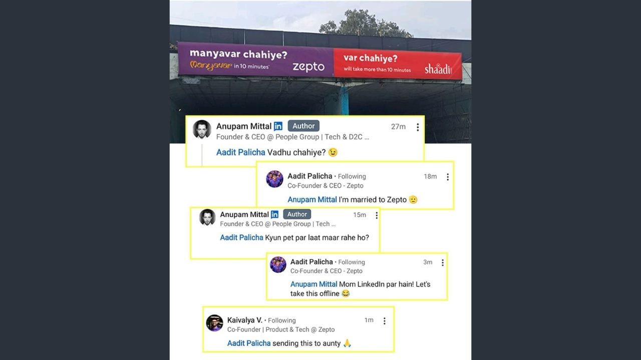 Quick-commerce sensation Zepto and matrimonial giant Shaadi.com found their ads cheekily placed side-by-side, and the resulting banter turned into a LinkedIn showdown of epic proportions.