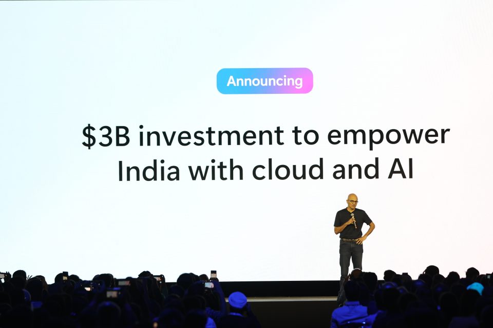 Microsoft chairman and CEO, Satya Nadella, on stage at the Microsoft AI Tour in Bengaluru where he announced US $3 billion investment in India for cloud and AI infrastructure over the next two years. Microsoft shared a comprehensive plan to train and skill 10 million people by 2030, reinforcing its commitment to partnering with India on its journey to become an AI-first nation.