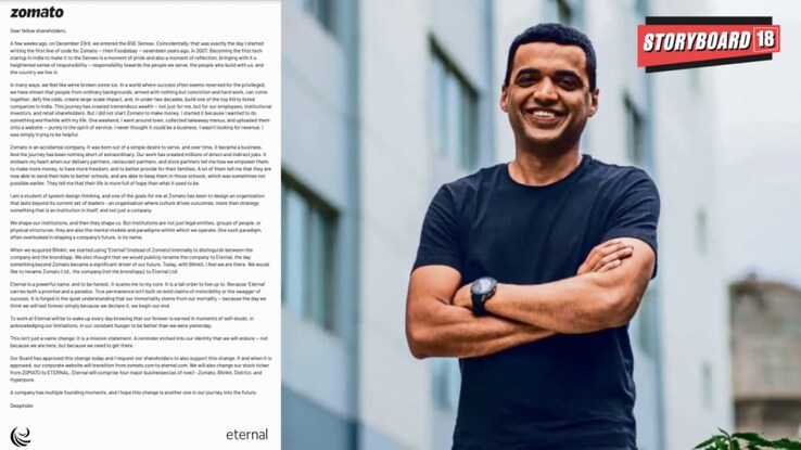 'Zomato is an accidental company': Read Deepinder Goyal's full letter to shareholders on Zomato's rebrand to 'Eternal'