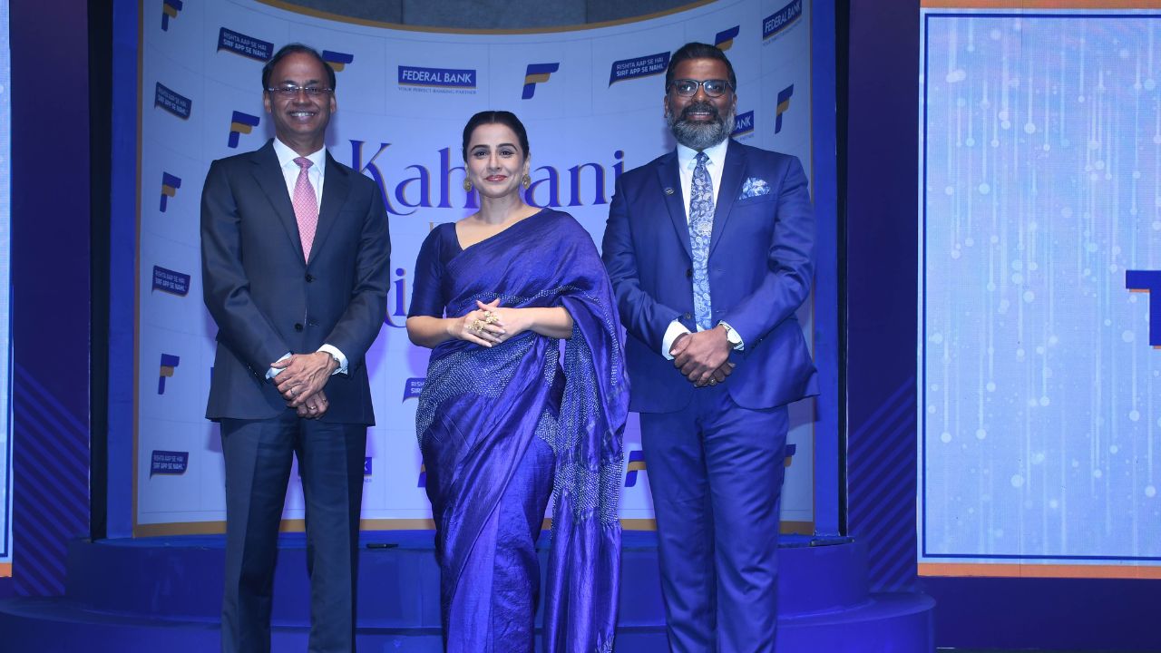 (Image Source: Left to Right - K.V.S. Manian, Managing Director & CEO, Federal Bank, actor Vidya Balan, first-ever brand ambassador, M V S Murthy, Chief Marketing Officer, Federal Bank at the official announcement of Federal Bank)