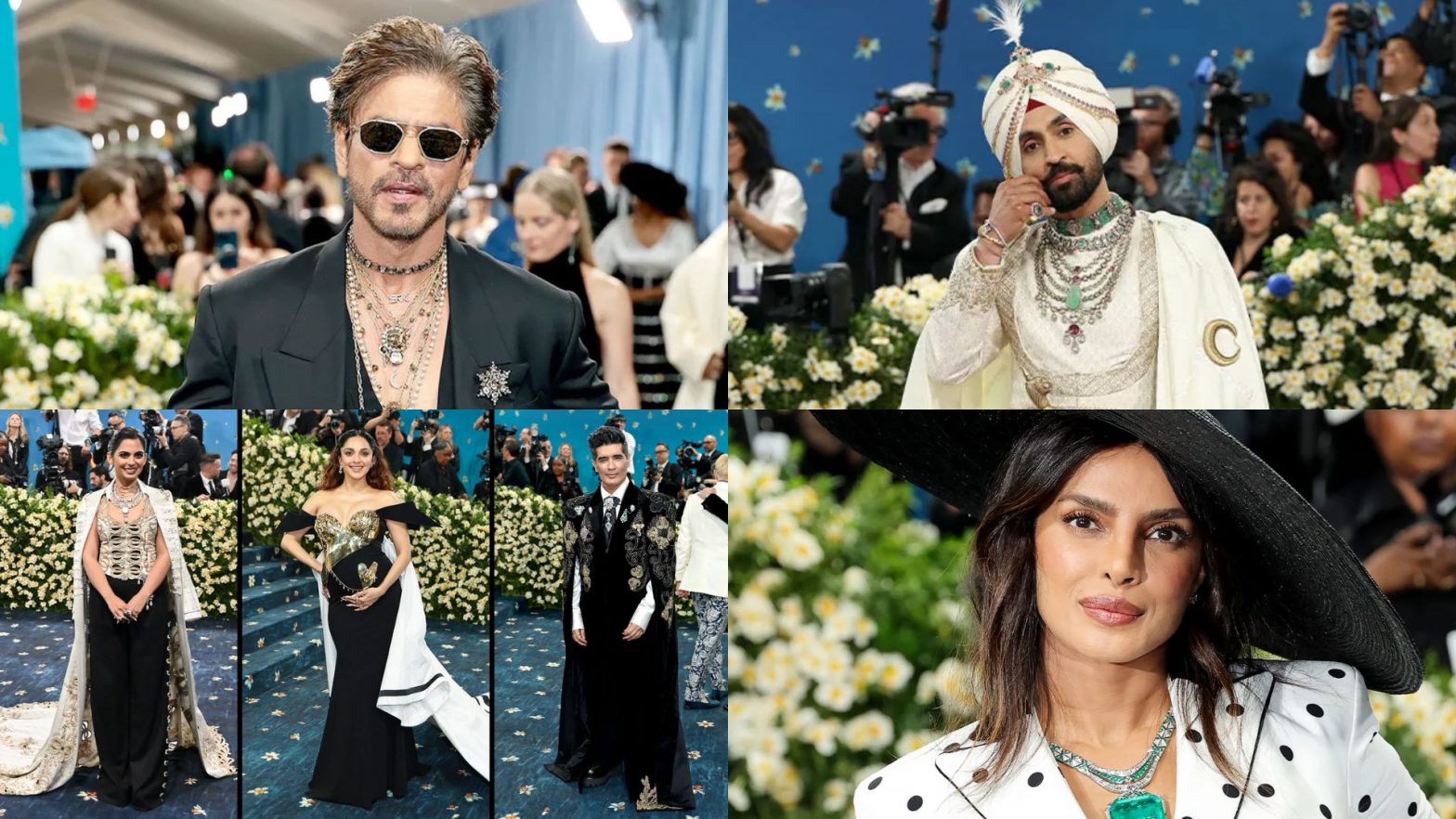 Held at the iconic Metropolitan Museum of Art in New York City, this year's Met Gala not only rolled out a royal blue carpet but also rolled in a celebration of style, identity, and global influence. (L-R clockwise: Shah Rukh Khan, Diljit Dosanjh, Priyanka Chopra Jonas, Manish Malhotra, Kiara Advani, Isha Ambani)