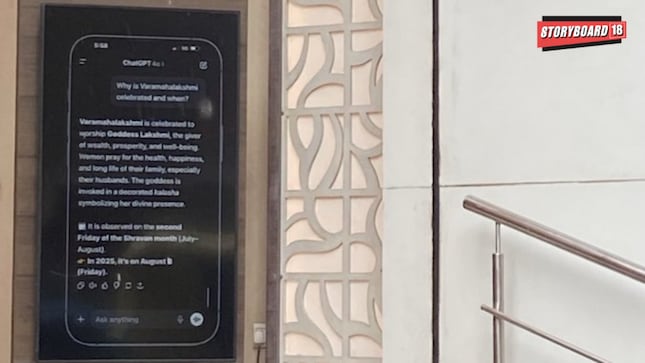 An image of a mobile ad display outside the store has gone viral on X (formerly Twitter), featuring a ChatGPT-style interface with the question: “Why is Varamahalakshmi festival celebrated?”