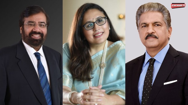 Left to Right: Harsh Goenka, Radhika Gupta, Anand Mahindra