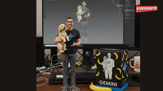 Quipping “Make that 5 billion and 1,” Pichai shared a 3D depiction of himself holding his pet dog Jeffree, sitting on a desk adorned with creative elements.