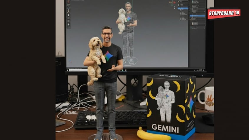 Quipping “Make that 5 billion and 1,” Pichai shared a 3D depiction of himself holding his pet dog Jeffree, sitting on a desk adorned with creative elements.