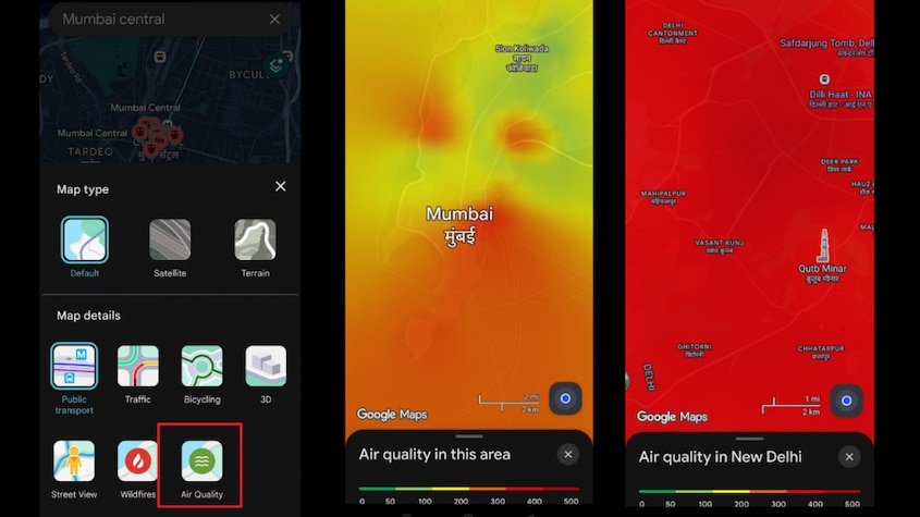 Image: Air quality shown by 'Layers' feature in Google Maps for Mumbai and Delhi