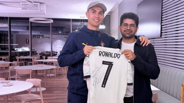 Soccer legend Cristiano Ronaldo with Perplexity CEO Aravind Srinivas.
