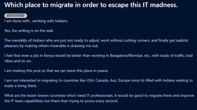 Indian techie with 20 years’ experience says ‘done with working with Indians’, seeks lesser-known countries amid Bengaluru, Mumbai IT work culture frustration
