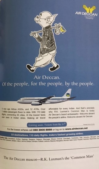 Laxman’s Common Man in a print ad for Air Deccan. You can find it in the book 'Simply Fly: A Deccan Odyssey'. (Image courtesy: Captain Gopinath)