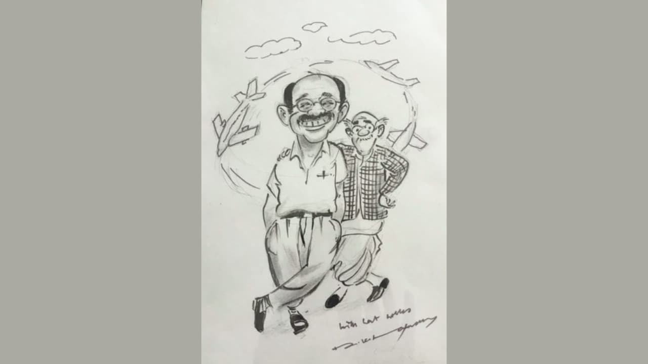 A sketch of Captain Gopinath and the Common Man by the late cartoonist RK Laxman. (Image courtesy: Captain Gopinath)